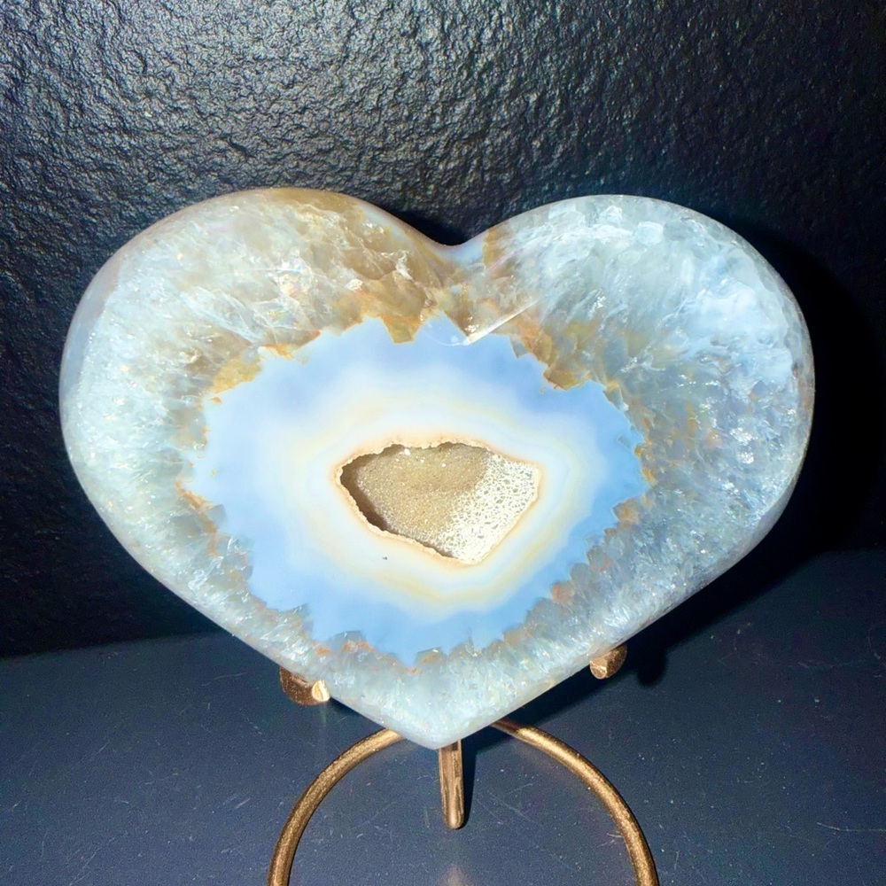 Blue Agate UV Reactive Heart Geode w/ Druzy Center on Stand 294g Boho Decor